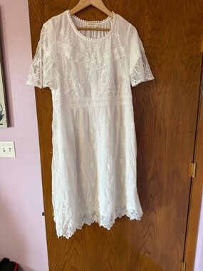 White Lace Midi Dress - Elegant Floral Embroidery